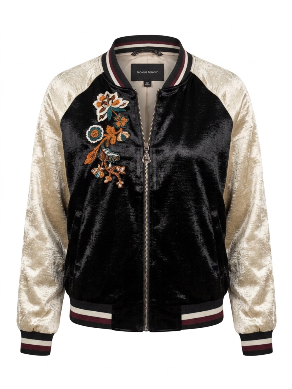 Jealous Tomato Black satin Jacket with Cream Sleeves & Floral Applique